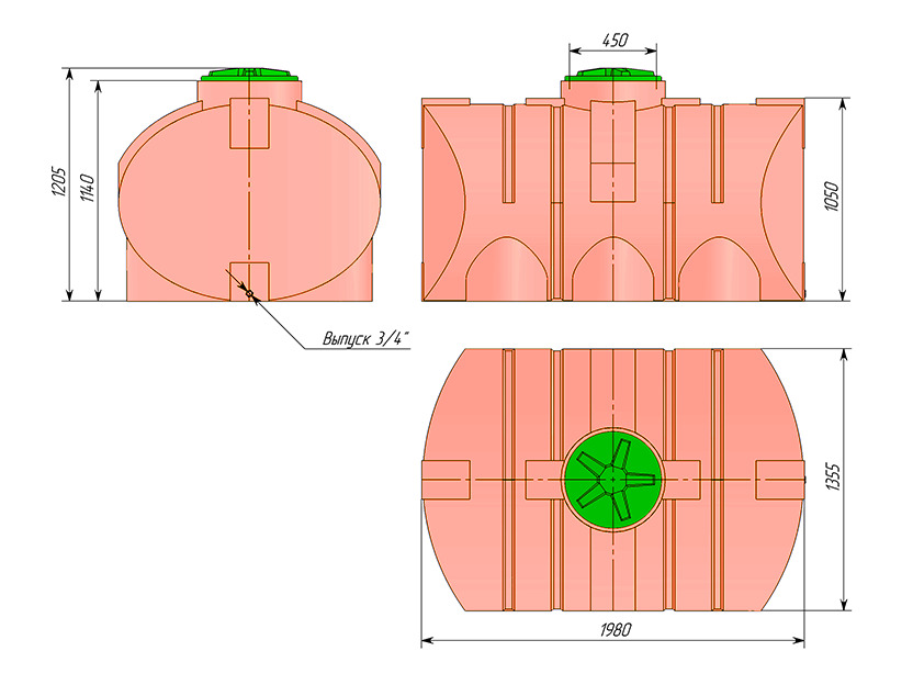 Пластиковая горизонтальная цилиндрическая ёмкость для удобрений ТанПласт ТЦГП-2000 КАС (в кассете)