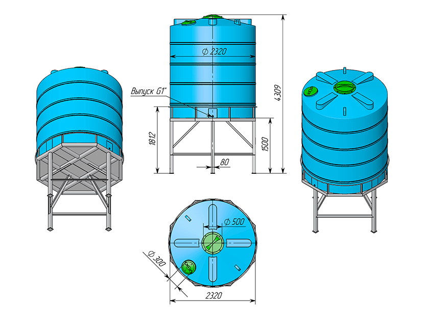 Полиэтиленовая вертикальная цилиндрическая ёмкость на опоре ТанПласт ТЦВП-10000