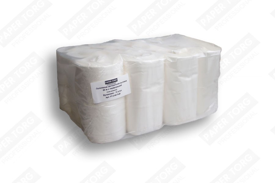 Бумажные двухслойные полотенца в рулоне с центральной вытяжкой, 60м H19см (белые)