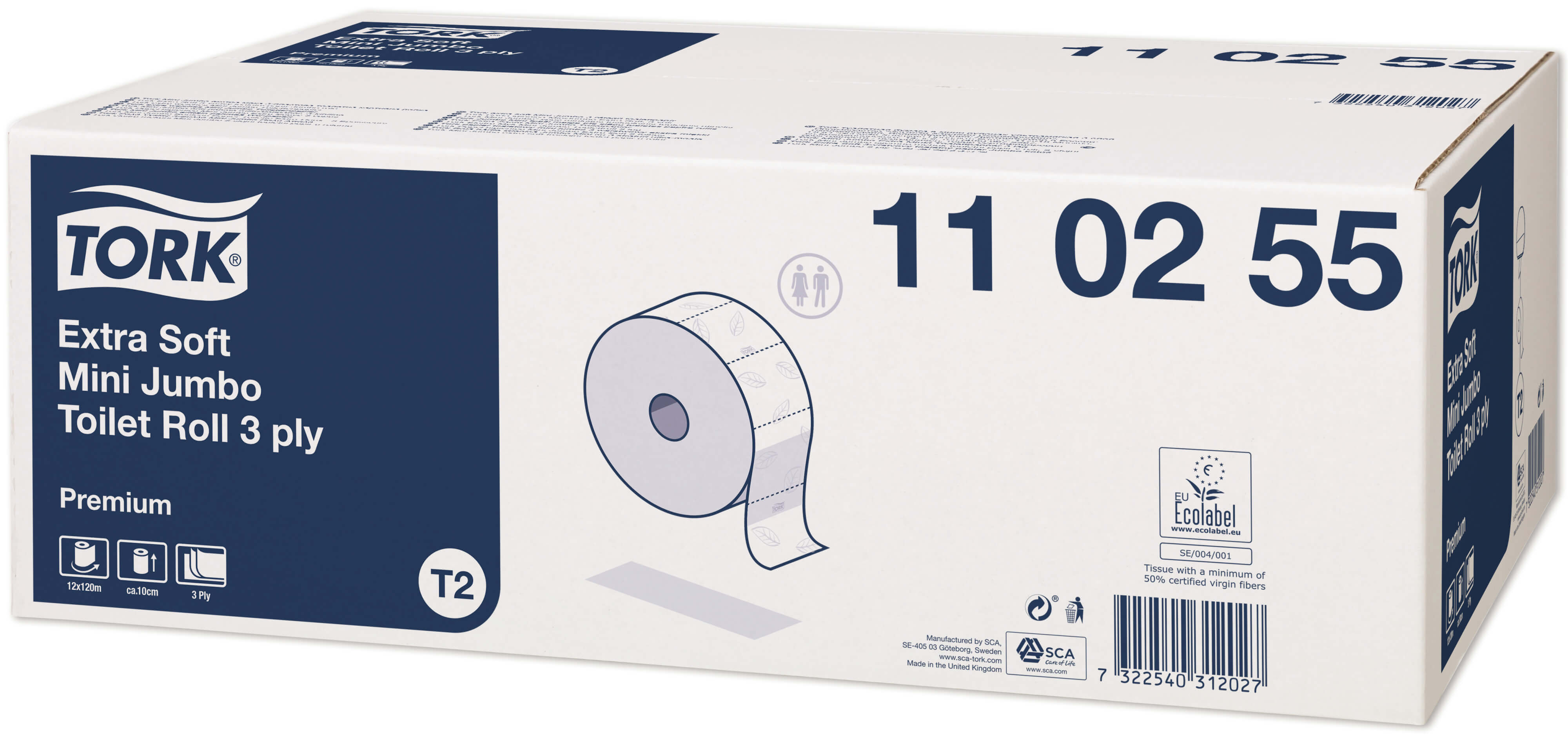 Туалетная бумага трёхслойная Tork Premium в мини-рулонах Mini Jumbo, 120м (ультрамягкая)