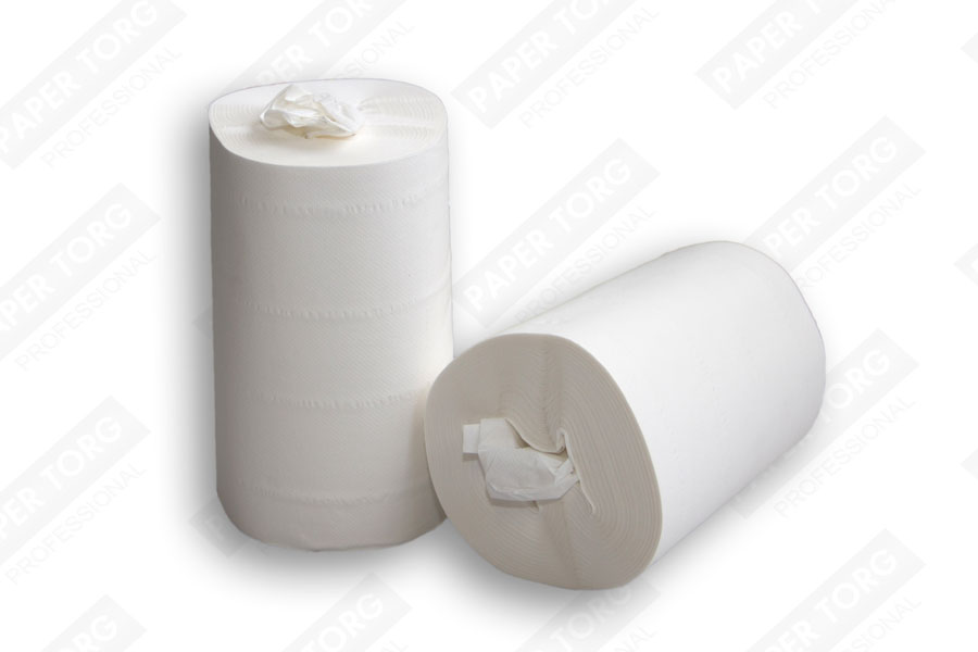 Бумажные двухслойные полотенца в рулоне с центральной вытяжкой, 60м H19см (белые)